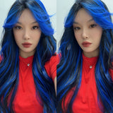 JBEXTENSION 28 Inches Long Black With Blue Highlight Wave Wig With Bangs BLUEBERRY