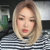 JBEXTENSION 12 Inches Blonde With Dark Root Pre-Cut Side Part Frontlace Glueless Wig MARIA