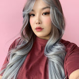 JBEXTENSION 28 Inches Scalpiana Long Curly Light Brown with Grey Highlight 3.5X4 Hard Silky Top Natural Scalp Effect Wig ANTONIA