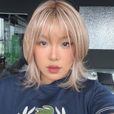 JBEXTENSION 11 Inches Short Hair Peach Blonde Pre-Cut T Part Snowflake Lace Frontlace Glueless Wig with Bangs CARRIE PEACH BLONDE【BENDY EAR TABS】