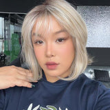 JBEXTENSION 11 Inches Short Hair Mix Blonde Pre-Cut T Part Snowflake Lace Frontlace Glueless Wig with Bangs CARRIE MIX BLONDE【BENDY EAR TABS】