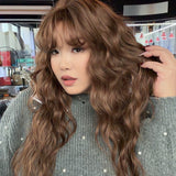 JBEXTENSION 29 Inches Long Body Wave Mocha Brown Wig With Bangs DAPHNE MOCHA BROWN