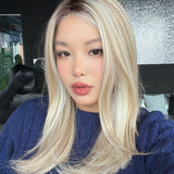 JBEXTENSION 19 Inches Long Straight Mix Blonde Pre-Cut Side Part Snowflake Lace Frontlace Glueless Wig PEGGY【BENDY EAR TABS】