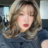 JBEXTENSION 18 Inches Scalpiana Curly Brown Highlight 3.5X4 Hard Silky Top Natural Scalp Effect Wig with Bangs EMILY BROWN HIGHLIGHT