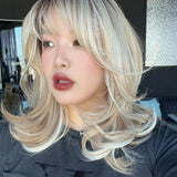 JBEXTENSION 18 Inches Scalpiana Curly Light Mix Blonde 3.5X4 Hard Silky Top Natural Scalp Effect Wig with Bangs EMILY LIGHT MIX BLONDE