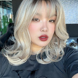 JBEXTENSION 18 Inches Scalpiana Curly Blonde Highlight 3.5X4 Hard Silky Top Natural Scalp Effect Wig with Bangs EMILY BLONDE HIGHLIGHT