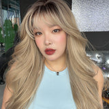 JBEXTENSION 26 Inches Scalpiana Long Curly Mix Blonde 3.5X4 Hard Silky Top Natural Scalp Effect Wig with Bangs LISA MIX BLONDE