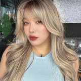 JBEXTENSION 26 Inches Scalpiana Long Curly Blonde Highlight 3.5X4 Hard Silky Top Natural Scalp Effect Wig with Bangs LISA BLONDE HIGHLIGHT