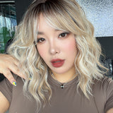 JBEXTENSION 14 Inches Scalpiana Wave Light Mix Blonde 3.5X4 Hard Silky Top Natural Scalp Effect Wig with Bangs OSSIE SHORT - LIGHT MIX BLONDE