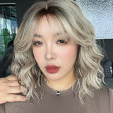 JBEXTENSION 14 Inches Scalpiana Wave Blonde Highlight 3.5X4 Hard Silky Top Natural Scalp Effect Wig with Bangs OSSIE SHORT - BLONDE HIGHLIGHT