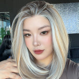 JBEXTENSION 14 Inches Silver Sand Blonde Pre-Cut 13X6 Free Part Snowflake Lace Frontlace Bob Cut Glueless Wig GIOIA PRO - SILVER SAND BLONDE【BENDY EAR TABS】