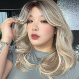 JBEXTENSION 18 Inches Scalpiana Curly Light Mix Blonde 3.5X4 Hard Silky Top Natural Scalp Effect Wig with Bangs KATIE LIGHT MIX BLONDE
