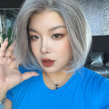 JBEXTENSION 12 Inches Bob Cut Silver Pre-Cut Arc Snowflake Lace Frontlace Glueless Wig KHLOE ARC - SILVER【BENDY EAR TABS】