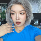 JBEXTENSION 12 Inches Bob Cut Silver Pre-Cut Arc Snowflake Lace Frontlace Glueless Wig KHLOE ARC - SILVER【BENDY EAR TABS】