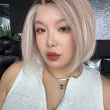 JBEXTENSION 12 Inches Bob Cut Ash Blonde Pre-Cut Arc Snowflake Lace Frontlace Glueless Wig KHLOE ARC - ASH BLONDE【BENDY EAR TABS】