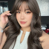 JBEXTENSION 25 Inches Long Curly Cold Brown Wig with Bangs GWEN COLD BROWN