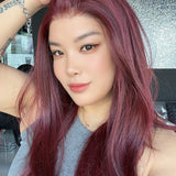 JBEXTENSION 22 Inches Dark Red Pre-Cut 13X6 Free Part Snowflake Lace Frontlace Glueless Wig KEL PRO - DARK RED【BENDY EAR TABS】