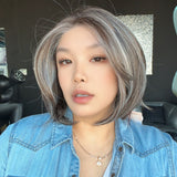 JBEXTENSION 12 Inches Bob Cut Salt Pepper Highlight Pre-Cut Arc Snowflake Lace Frontlace Glueless Wig KHLOE ARC - SALT PEPPER HIGHLIGHT【BENDY EAR TABS】