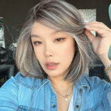 JBEXTENSION 12 Inches Bob Cut Salt Pepper Highlight Pre-Cut Arc Snowflake Lace Frontlace Glueless Wig KHLOE ARC - SALT PEPPER HIGHLIGHT【BENDY EAR TABS】