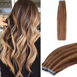 JBextension Tape in Hair Extensions Human Hair Balayage Dark Brown to Brown Mix with Blonde Tape in Seamless Hair Extensions Human Hair Ombre Hair Extensions Tape in 20 Inch Tape in Human Hair 50g 20pcs