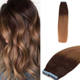 JBextension Tape in Hair Extensions Human Hair Balayage Dark Brown to Brown Mix with Blonde Tape in Seamless Hair Extensions Human Hair Ombre Hair Extensions Tape in 20 Inch Tape in Human Hair 50g 20pcs