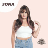 JBEXTENSION 24 Inches Brown With Pink Highlight Curly Wig With Bangs JONA