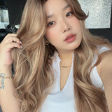 JBEXTENSION 28 Inches Long Curly Caramel Blonde Highlight Wig with Bangs ANNA CARAMEL BLONDE HIGHLIGHT