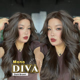 JBEXTENSION DIVA MONO Full Monofilament Handmade Full Lace Full Hand Tied Wig 24 Inches Long Curly Dark Brown Mono Lace Handmade Futura Fiber Wig with Anti-slip Silicone Strips Glueless Wig DIVA MONO - DARK BROWN【BENDY EAR TABS】
