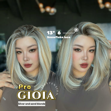JBEXTENSION 14 Inches Silver Sand Blonde Pre-Cut 13X6 Free Part Snowflake Lace Frontlace Bob Cut Glueless Wig GIOIA PRO - SILVER SAND BLONDE【BENDY EAR TABS】