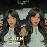 JBEXTENSION 25 Inches Long Curly Midnight Brown(Black/Brown) Wig with Bangs GWEN MIDNIGHT BROWN