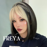 JBEXTENSION 14 Inches Bob Cut Short Straight Black With White Bangs Wig FREYA