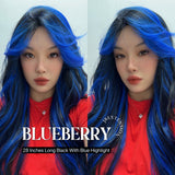 HOT OF SEASON - 28 Inches Long Black With Blue Highlight Wave Wig With Bangs BLUEBERRY