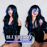 Get the Influencer Look with 28 Inches Long Black With Blue Highlight Wave Wig With Bangs BLUEBERRY