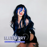 Get the Influencer Look with 28 Inches Long Black With Blue Highlight Wave Wig With Bangs BLUEBERRY