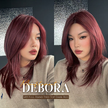 HOT OF SEASON - DEBORA MONO Monofilament Handmade Wig 6X5 Full Monofilament Hand Tied Top Wig 20 Inches Dark Red Mono Lace Wig With Anti-slip Silicone Strips Glueless Wig DEBORA MONO【BENDY EAR TABS】