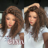 JBEXTENSION 16 Inches Deep Curly Black with Brown Highlight Pre-Cut Snowflake Lace Frontlace Glueless Wig GINA SNOWFLAKE【PERMATEASE】
