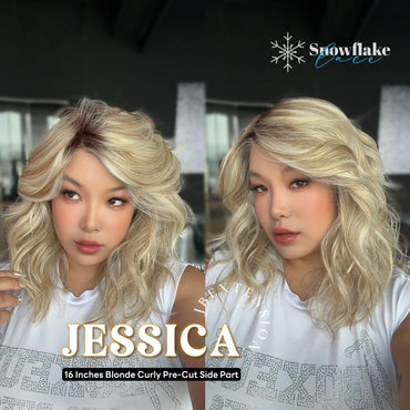 JBEXTENSION 16 Inches Mix Blonde Curly Pre-Cut Side Part Snowflake Lace Frontlace Glueless Wig JESSICA【BENDY EAR TABS】