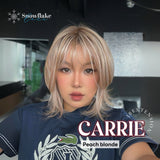 JBEXTENSION 11 Inches Short Hair Peach Blonde Pre-Cut T Part Snowflake Lace Frontlace Glueless Wig with Bangs CARRIE PEACH BLONDE【BENDY EAR TABS】