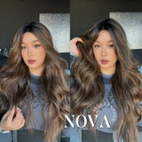 JBEXTENSION NOVA MONO Monofilament Handmade Wig 6X5 Full Monofilament Hand Tied Top Wig 25 Inches Ombre Brown Curly Mono Lace Handmade Futura Fiber Glueless Black Sapphire Wig NOVA MONO【BENDY EAR TABS】