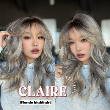 JBEXTENSION 22 Inches Scalpiana Blonde Highlight 3.5X4 Hard Silky Top Natural Scalp Effect Women Wig With Bangs CLAIRE SILKY TOP BLONDE HIGHLIGHT
