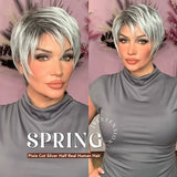 Rachel's Pick-Get Pixie Cut Silver Half Real Human Hair Half Futura Fiber Fashion Women Wig SPRING