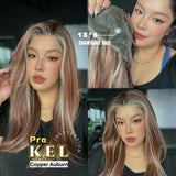 JBEXTENSION 22 Inches Copper Auburn Pre-Cut 13X6 Free Part Snowflake Lace Frontlace Glueless Wig KEL PRO - COPPER AUBURN【BENDY EAR TABS】