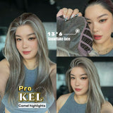JBEXTENSION 22 Inches Camel Highlight Pre-Cut 13X6 Free Part Snowflake Lace Frontlace Glueless Wig KEL PRO - CAMEL HIGHLIGHT【BENDY EAR TABS】