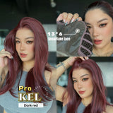 JBEXTENSION 22 Inches Dark Red Pre-Cut 13X6 Free Part Snowflake Lace Frontlace Glueless Wig KEL PRO - DARK RED【BENDY EAR TABS】
