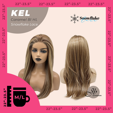 JBEXTENSION 22 Inches Caramel Blonde Highlight Pre-Cut Snowflake Lace Frontlace Glueless Wig KEL CARAMEL BLONDE HIGHLIGHT【PERMATEASE】【BENDY EAR TABS】- M/L