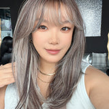 JBEXTENSION 20 Inches Scalpiana Nut Mix Wolf Cut 3.5X4 Hard Silky Top Natural Scalp Effect Wig with Bangs LILA NUT MIX