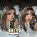 JBEXTENSION 20 Inches Scalpiana Coffee Cream Wolf Cut 3.5X4 Hard Silky Top Natural Scalp Effect Wig With Bangs LILA COFFEE CREAM