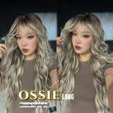 JBEXTENSION 28 Inches Scalpiana Long Wave Blonde Highlight 3.5X4 Hard Silky Top Natural Scalp Effect Wig with Bangs OSSIE LONG - BLONDE HIGHLIGHT
