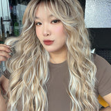 JBEXTENSION 28 Inches Scalpiana Long Wave Light Mix Blonde 3.5X4 Hard Silky Top Natural Scalp Effect Wig with Bangs OSSIE LONG - LIGHT MIX BLONDE
