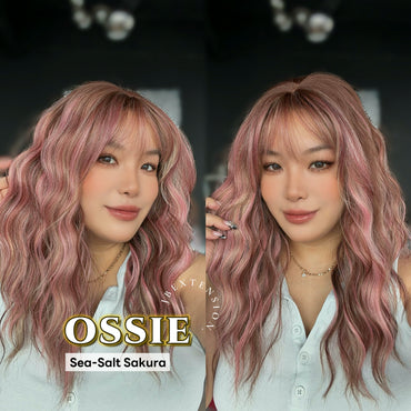 JBEXTENSION 22 Inches Scalpiana Long Wave Sea-salt Sakura 3.5X4 Hard Silky Top Natural Scalp Effect Wig with Bangs OSSIE SEA-SALT SAKURA
